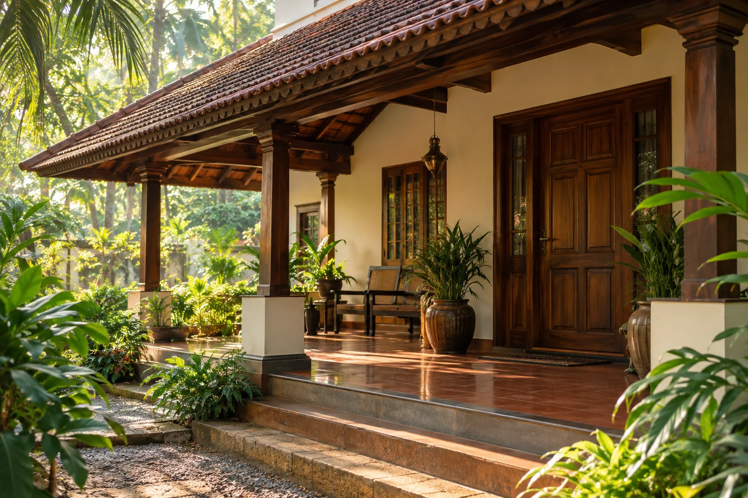 A sunlit Kerala home with a tiled roof, shaded veranda and tropical greenery